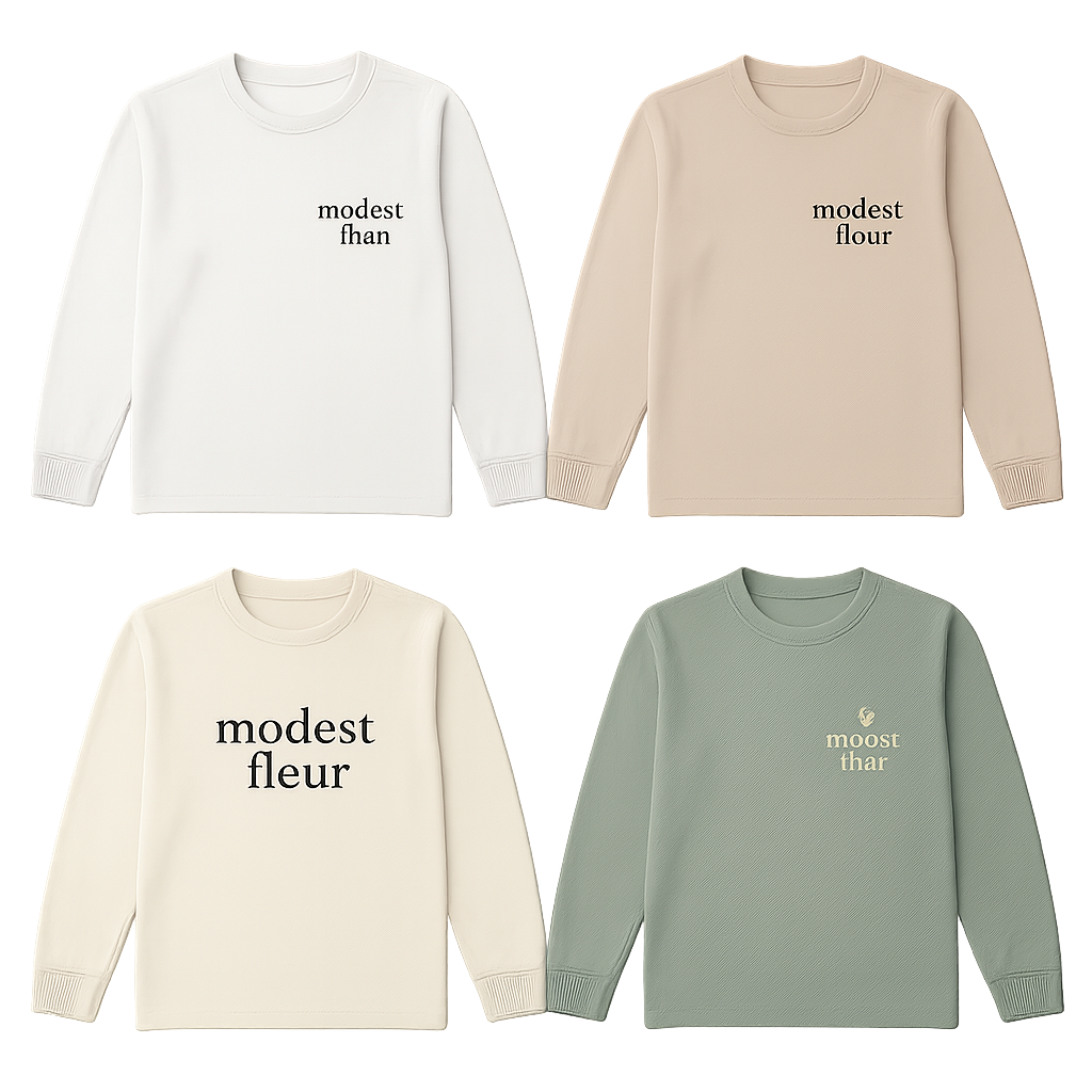 I need cotton t shirt styles long sleeve modest with my brand name of the “modest fleur in different designs and colors by making the letters small and unique sophisticated and by make some with the logo on the side


I need cotton t shirt styles long sleeve modest with my brand name of the “modest fleur in different designs and colors by making the letters small and unique sophisticated and by make some with the logo on the side
