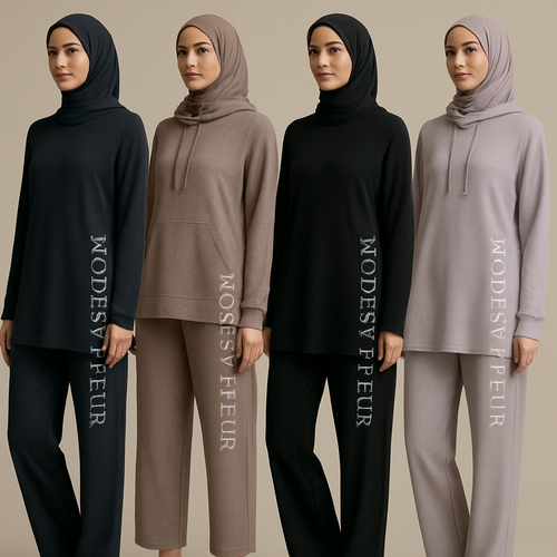 Create a revolutionary women’s modest loose gym wear brand called “Modest Fleur”. Display the brand name on the garments in a unique design on the side, exuding a classy and sophisticated vibe. I’d like four designs, each showcasing different styles and fabrics, with high-end, unique chic designs to make them truly special.