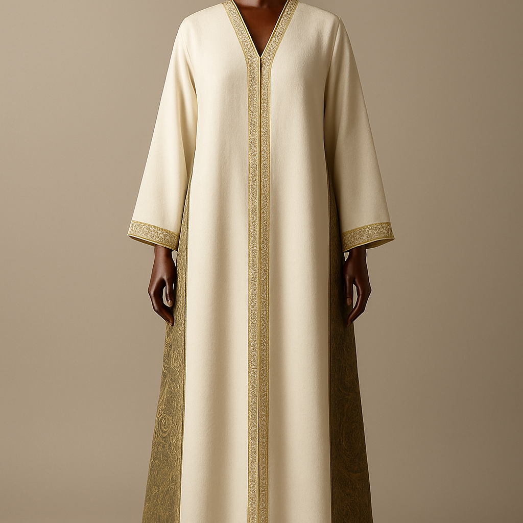 
(photorealistic)
"Photorealistic full-length fashion photograph of an ankle-length ivory white abaya v cut from front  and najdi geometric embroidery in gold for the edges(2.5cm),displayed on a luxurious polished wooden mannequin. The abaya features long side slits from underarm to ankle with an external Kashmiri patterned panel attached to the outer edge of each slit; the Kashmiri panel is jacquard/textured paisley in complementary-olive green with little gold touches tones. A narrow Najdi geometric embroidery (3–3.5 cm wide) in matte antique-gold thread runs along the outer edge of each panel, with small repeating motifs spaced every 15–20 cm — embroidery visible down to the ankle. Silhouette: straight A-line, soft drape, lightweight wool-blend, lightly lined. Styling: clean neutral studio background, soft directional warm light, full-length view showing panels to the ankle, high-detail texture and fabric realism. Camera: 35mm perspective, shallow depth of field (f/4), high-resolution output (4k)."



(photorealistic)
"Photorealistic full-length fashion photograph of an ankle-length ivory white abaya v cut from front  and najdi geometric embroidery in gold for the edges(2.5cm),displayed on a luxurious polished wooden mannequin. The abaya features long side slits from underarm to ankle with an external Kashmiri patterned panel attached to the outer edge of each slit; the Kashmiri panel is jacquard/textured paisley in complementary-olive green with little gold touches tones. A narrow Najdi geometric embroidery (3–3.5 cm wide) in matte antique-gold thread runs along the outer edge of each panel, with small repeating motifs spaced every 15–20 cm — embroidery visible down to the ankle. Silhouette: straight A-line, soft drape, lightweight wool-blend, lightly lined. Styling: clean neutral studio background, soft directional warm light, full-length view showing panels to the ankle, high-detail texture and fabric realism. Camera: 35mm perspective, shallow depth of field (f/4), high-resolution output (4k)."
, show front and back