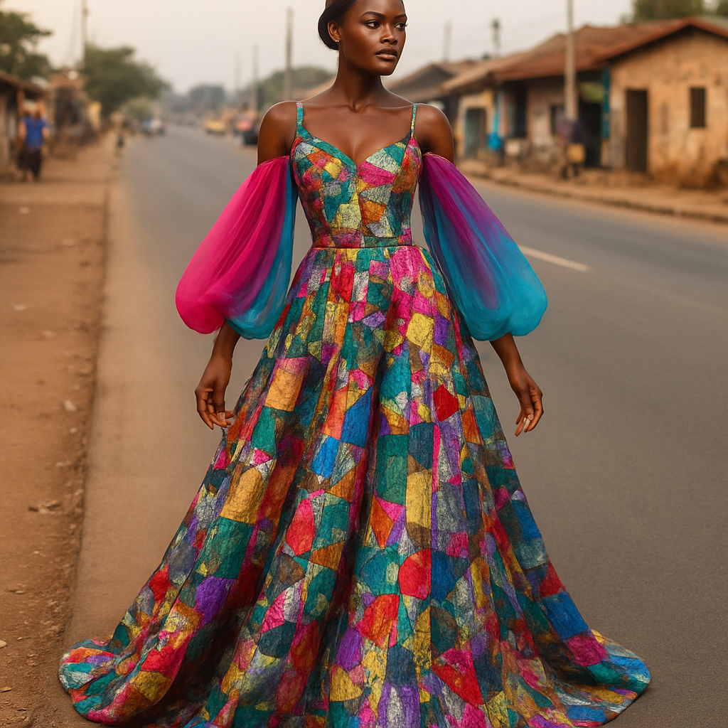 I want to Create one of kind colorful gown made from scrap fabric with iridescent touches and design with a colorful two tone chiffon for high end fashionista that will give it a sophisticated and gorgeous look on a real human dark skin modeling it on the roadside of a street in Africa.
I want to Create one of kind colorful gown made from scrap fabric with iridescent touches and design with a colorful two tone chiffon for high end fashionista that will give it a sophisticated and gorgeous look on a real human dark skin modeling it on the roadside of a street in Africa., elegant style