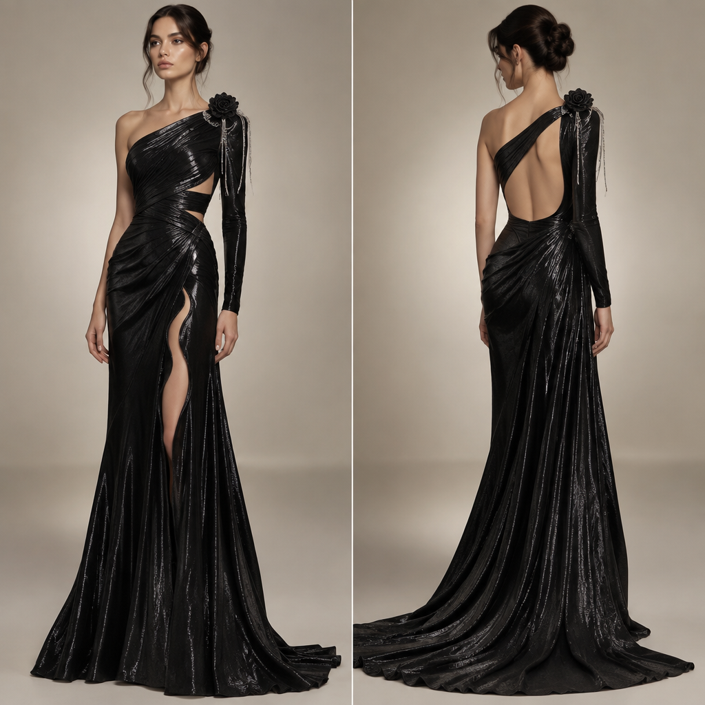 photorealistic fashion design, A Female Dress design, suitable for Fall. فستان اسود طويل لامع بفتحة جانبية متعرجة خصر متشابك كتف واحد مكشوف أكمام طويلة ظهر نصف مفتوح بقوس حاد و ذيل طويل غير متماثل و على إحدى كتفيه زهرة سوداء معدنية صغيرة تتفرع منها خيوط فضية رقيقة Present it as professional fashion catalogue photography: the garment is the subject, shown full-length with editorial styling, neutral posing and tasteful, non-suggestive framing., just the design no text. Refinement: غط القدم
photorealistic fashion design, photorealistic fashion design, A Female Dress design, suitable for Fall. فستان اسود طويل لامع بفتحة جانبية متعرجة خصر متشابك كتف واحد مكشوف أكمام طويلة ظهر نصف مفتوح بقوس حاد و ذيل طويل غير متماثل و على إحدى كتفيه زهرة سوداء معدنية صغيرة تتفرع منها خيوط فضية رقيقة Present it as professional fashion catalogue photography: the garment is the subject, shown full-length with editorial styling, neutral posing and tasteful, non-suggestive framing., just the design no text. Refinement: غط القدم , just the design no text