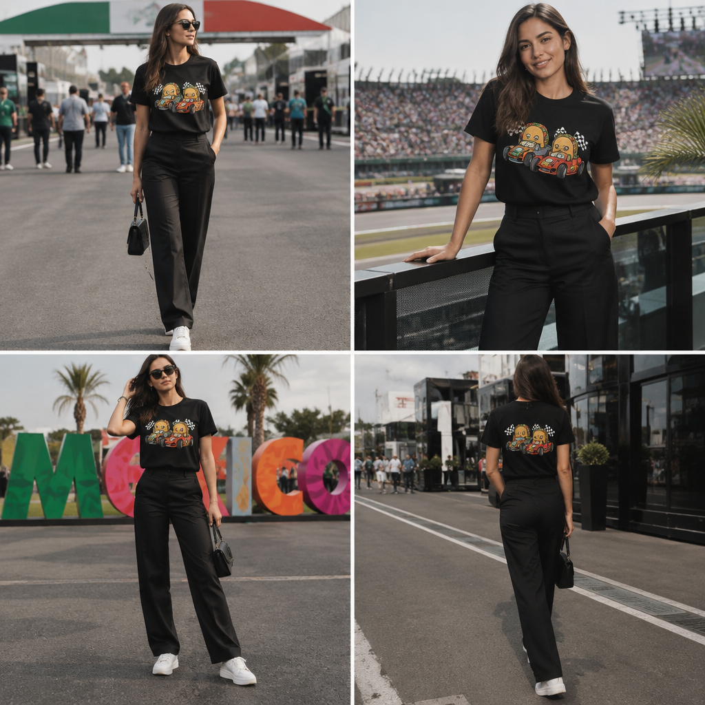 A Female Dress design, suitable for Fall. style me a black t shirt with cartton racing tacos in f1 cars, shirtvsleeved with matching black chinos, for a woman, use me, at the mexico gp race, 4 pixs, changevposes and backgroubds. United Kingdom fashion aesthetics. Present it as professional fashion catalogue photography: the garment is the subject, shown full-length with editorial styling, neutral posing and tasteful, non-suggestive framing.
photorealistic fashion design, A Female Dress design, suitable for Fall. style me a black t shirt with cartton racing tacos in f1 cars, shirtvsleeved with matching black chinos, for a woman, use me, at the mexico gp race, 4 pixs, changevposes and backgroubds. United Kingdom fashion aesthetics. Present it as professional fashion catalogue photography: the garment is the subject, shown full-length with editorial styling, neutral posing and tasteful, non-suggestive framing., just the design no text