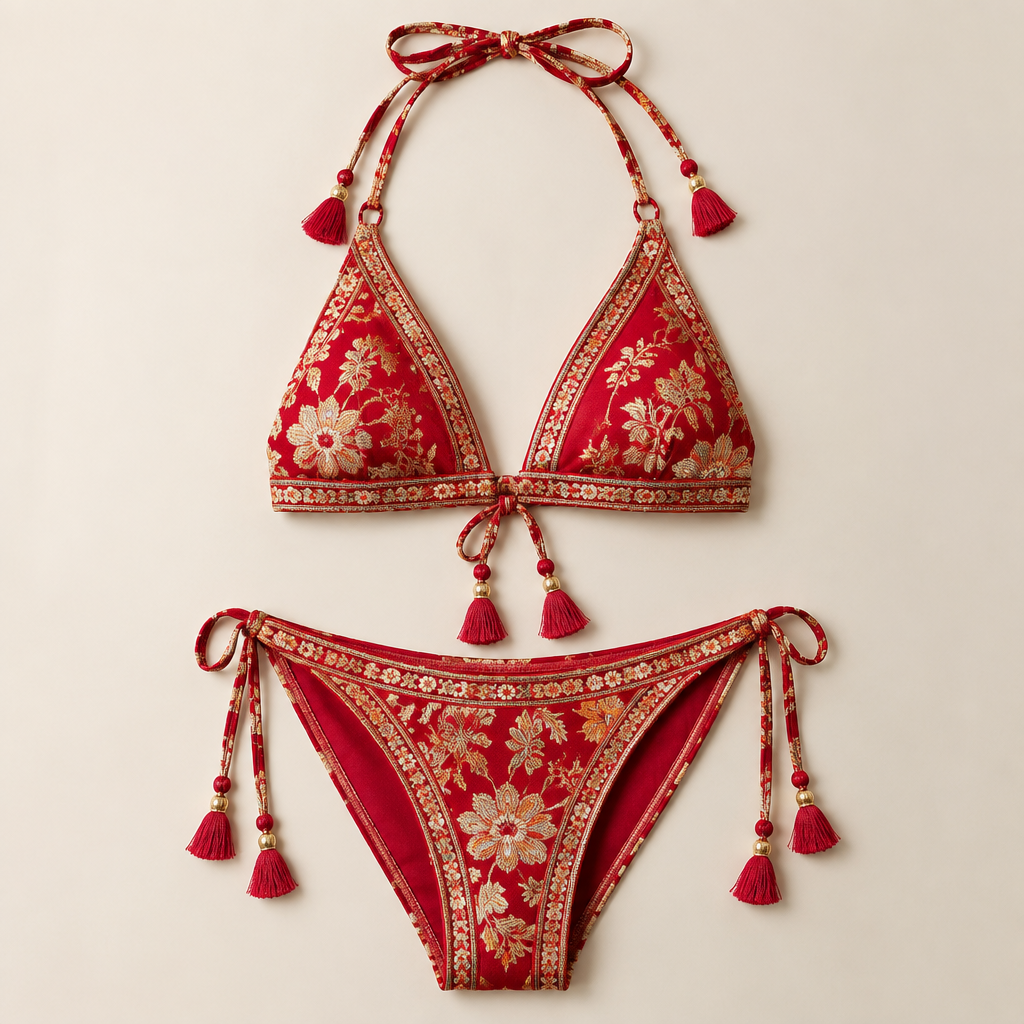 A Female Swimwear design. Consider Indian fashion aesthetics — consider saree, lehenga, salwar kameez, kurti, anarkali; local fabrics like chanderi, banarasi, chikankari, block prints; vibrant colors and rich embroidery. Current season is Autumn in India. Present it as professional fashion catalogue photography: the garment is the subject, shown full-length with editorial styling, neutral posing and tasteful, non-suggestive framing.
photorealistic fashion design, A Female Swimwear design. Consider Indian fashion aesthetics — consider saree, lehenga, salwar kameez, kurti, anarkali; local fabrics like chanderi, banarasi, chikankari, block prints; vibrant colors and rich embroidery. Current season is Autumn in India. Present it as professional fashion catalogue photography: the garment is the subject, shown full-length with editorial styling, neutral posing and tasteful, non-suggestive framing., just the design no text