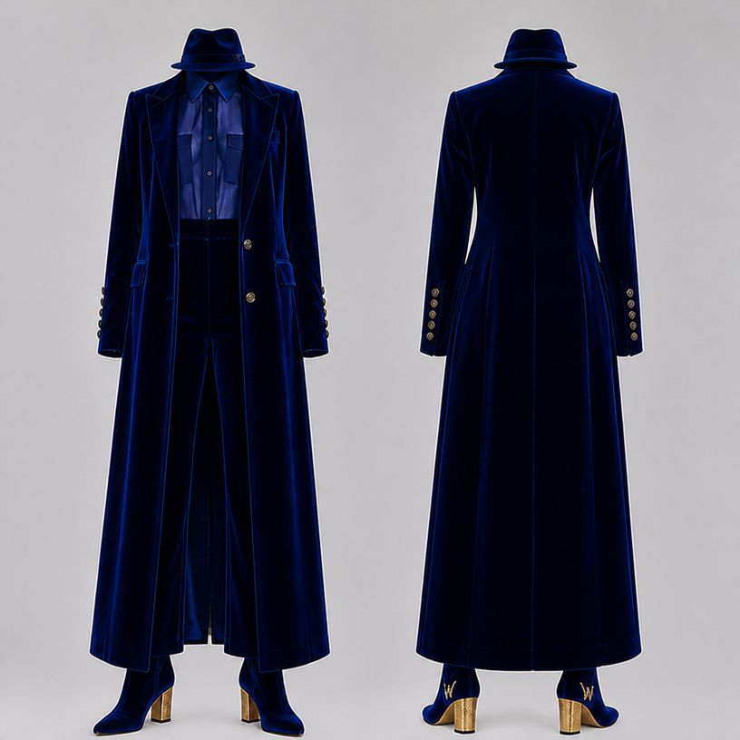 Woman’s smaller hat and on the heel of shoe put a snall wand a on
edit the attached fashion design with these instructions: Woman’s smaller hat and on the heel of shoe put a snall wand a on. keep it photorealistic, just the design no text