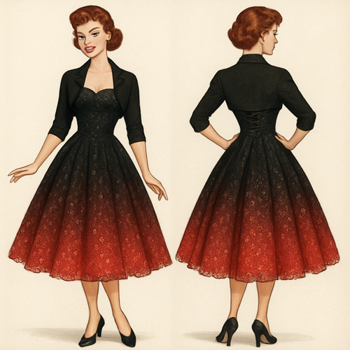 1950’s lace prom dress. Black fading into red with a petty coat. Sequins all around the skirt with a corset back.