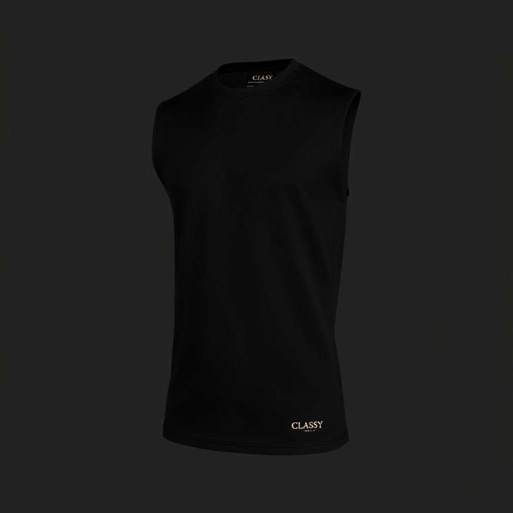 Sleeveless tshirt for men with the name “ CLASSY “ from small font and zipper at the left side on arms of the sleeveless tshirt from scuba material Black
Design a men's sleeveless t-shirt in a sleek black scuba material, embodying classic elegance. The shirt features a subtle “CLASSY” logo in refined small font near the hem. Incorporate a tasteful zipper detail on the left arm, enhancing sophistication. Tailored fit and minimalist aesthetics ensure timeless versatility in any wardrobe.