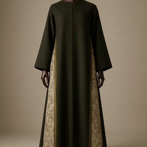 
(photorealistic)
"Photorealistic full-length fashion photograph of an ankle-length dark olive dark green abaya displayed on a luxurious dark polished wooden mannequin. The abaya features long side slits from underarm to ankle with an external Kashmiri patterned panel attached to the outer edge of each slit; the Kashmiri panel is jacquard/textured paisley in complementary-ivory white with little olive touches tones. A narrow Najdi geometric embroidery (2–2.5 cm wide) in matte antique-gold thread runs along the outer edge of each panel, with small repeating motifs spaced every 10–15 cm — embroidery visible down to the ankle. Silhouette: straight A-line, soft drape, lightweight wool-blend, lightly lined. Styling: clean neutral studio background, soft directional warm light, full-length view showing panels to the ankle, high-detail texture and fabric realism. Camera: 35mm perspective, shallow depth of field (f/4), high-resolution output (4k)."
