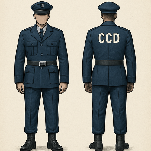 Uniform of a newly created wing of police that deals with serious and organised crime and investigations. Instead of police it should have the words CCD. It consists of trouser and coat. The headgear is a smart p cap.  The colour scheme is bluish. The boots are leather. The belt should not be too thin and its buckle can be steel plate with CCD written on it. 