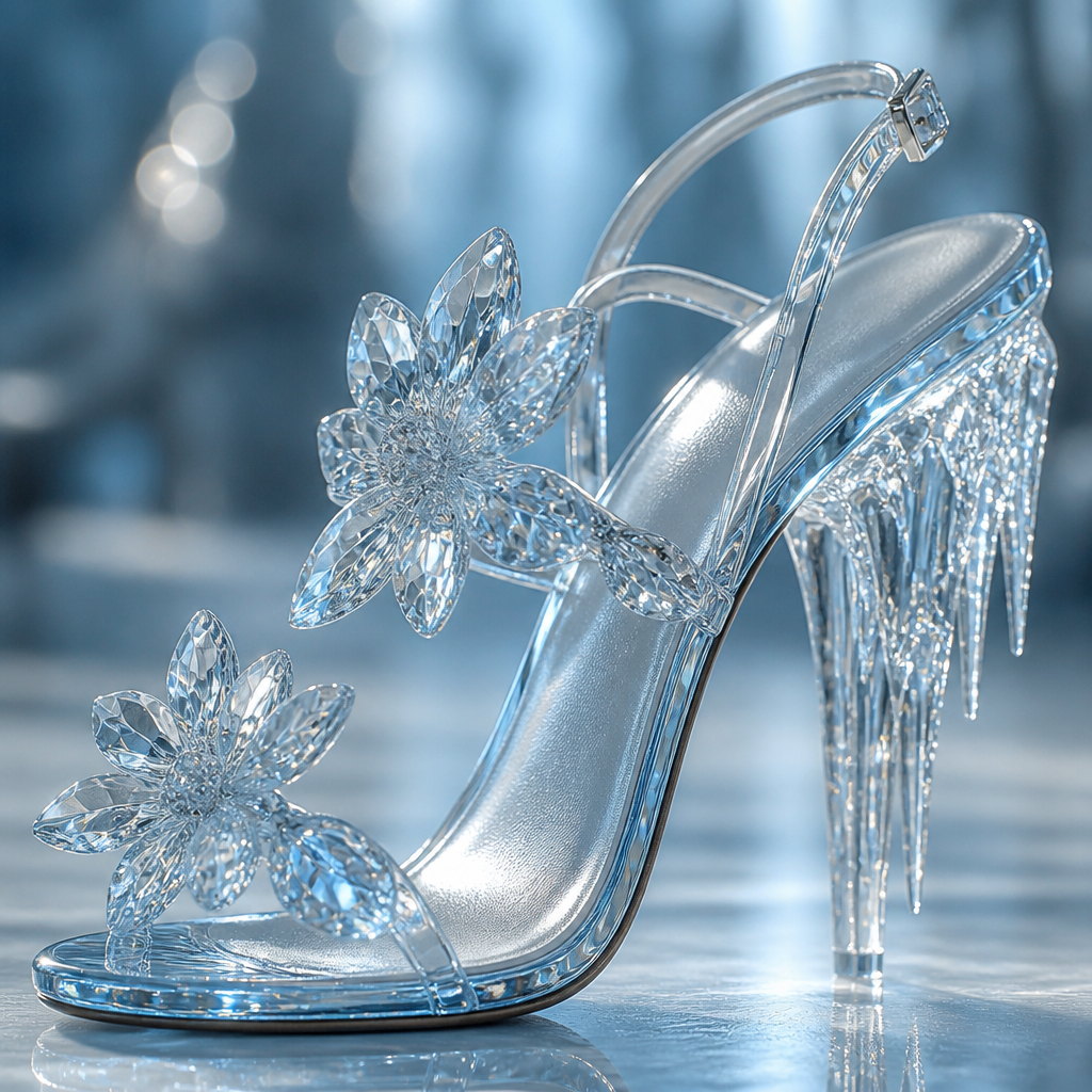 A breathtaking ice-blue sandal featuring transparent crystal petals arranged like frozen flowers across the straps. The heel is shaped like an icicle sculpture, creating a magical and luxurious aesthetic
photorealistic fashion design, A breathtaking ice-blue sandal featuring transparent crystal petals arranged like frozen flowers across the straps. The heel is shaped like an icicle sculpture, creating a magical and luxurious aesthetic, just the design no text