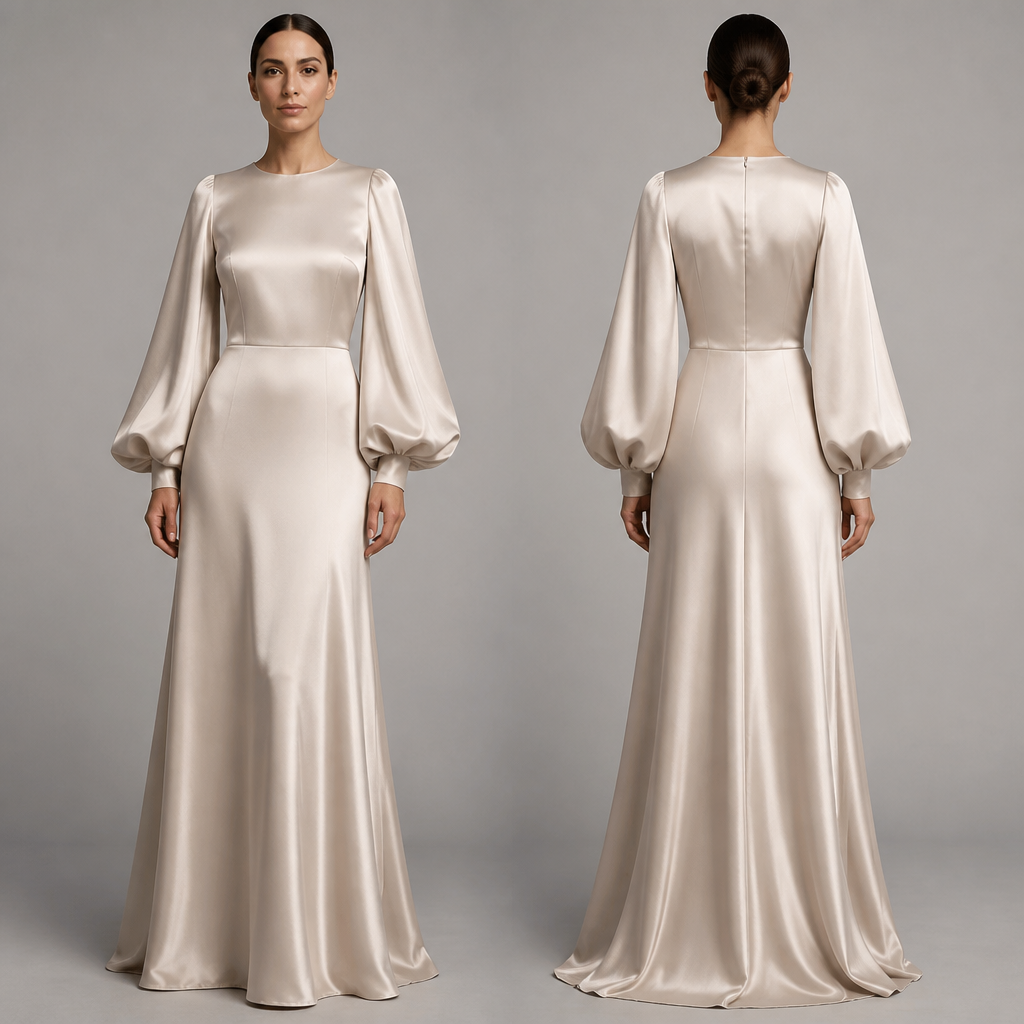 Long satin dress with balloon sleeve and round and round neck
photorealistic fashion design, Long satin dress with balloon sleeve and round and round neck, classic style, just the design no text, show front and back