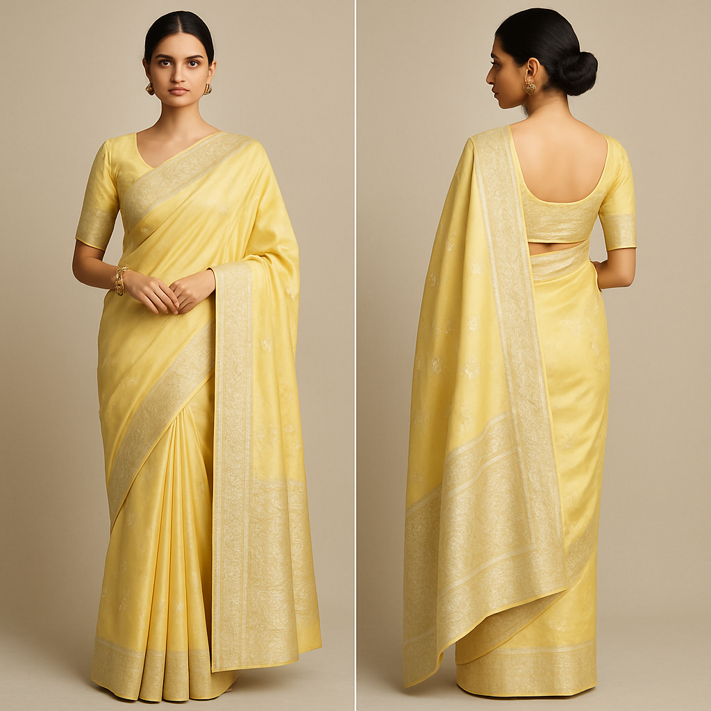 Make a girl wearing saree in pastel butter yellow silk banarsi saree with royal work on it minimal with silver silk thread
Make a girl wearing saree in pastel butter yellow silk banarsi saree with royal work on it minimal with silver silk thread
, silk style, show front and back