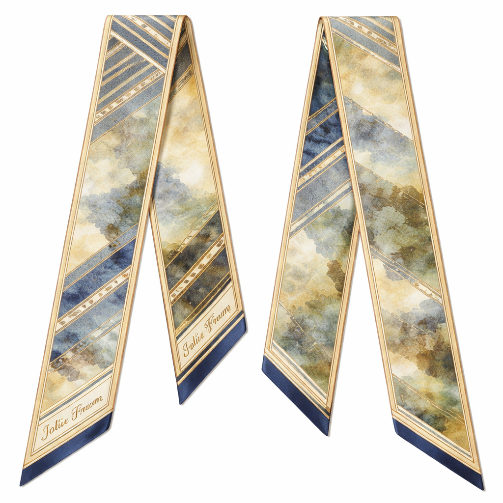 Design a 5cm x 86cm silk twill scarf for Jolie Franc with a classic American preppy base and British tailoring, softened by French Impressionist influence. Feature structured linear elements layered over a softly blended, painterly background inspired by Monet-era palettes. Use warm ivory, navy, muted blue-grey, and soft olive tones with a fine antique gold border. Hand-rolled edges. Artistic yet restrained, suitable for a Kelly-style bag handle and timeless wear.
Design a 5cm x 86cm silk twill scarf for Jolie Franc with a classic American preppy base and British tailoring, softened by French Impressionist influence. Feature structured linear elements layered over a softly blended, painterly background inspired by Monet-era palettes. Use warm ivory, navy, muted blue-grey, and soft olive tones with a fine antique gold border. Hand-rolled edges. Artistic yet restrained, suitable for a Kelly-style bag handle and timeless wear., classic style, show front and back