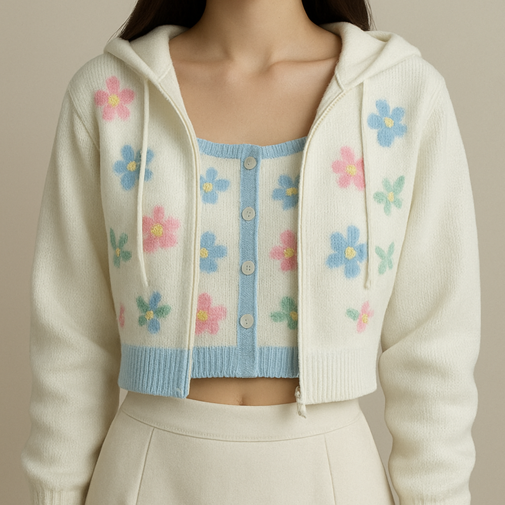Make me a realistic design, a small white top that has a cute preppy design with pastel colors, and flower designs too also a white sweater with a hood
Make me a realistic design, a small white top that has a cute preppy design with pastel colors, and flower designs too also a white sweater with a hood, preppy style
