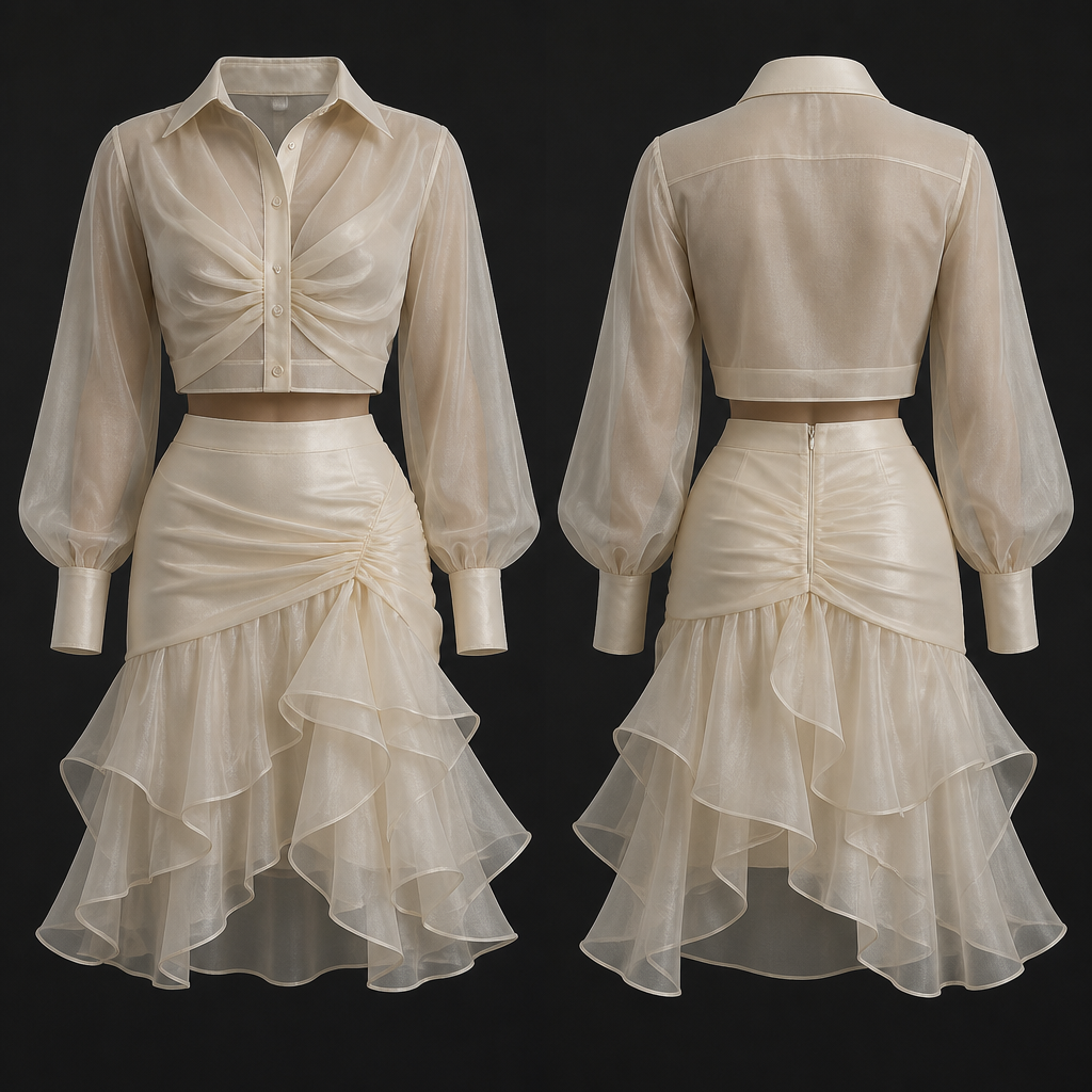 Preppy y2k organza drapery tuffles elegant 2 piece set skirt shirt flowy ivory classy
photorealistic fashion design, Preppy y2k organza drapery tuffles elegant 2 piece set skirt shirt flowy ivory classy, classic style, just the design no text, show front and back