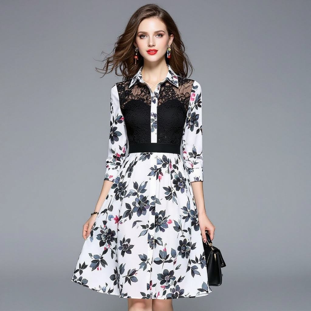 A black autumn blossom floral shirt dress with black lace insert bodice.
Black autumn blossom floral shirt dress in crepe, A-line cut, with black lace insert bodice.