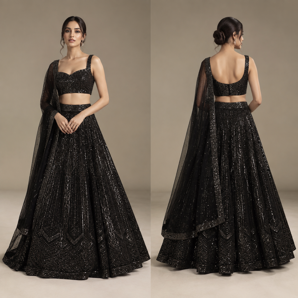 Indian wear lehnga in black colour with shimmer work
photorealistic fashion design, Indian wear lehnga in black colour with shimmer work, minimalist style, just the design no text, show front and back
