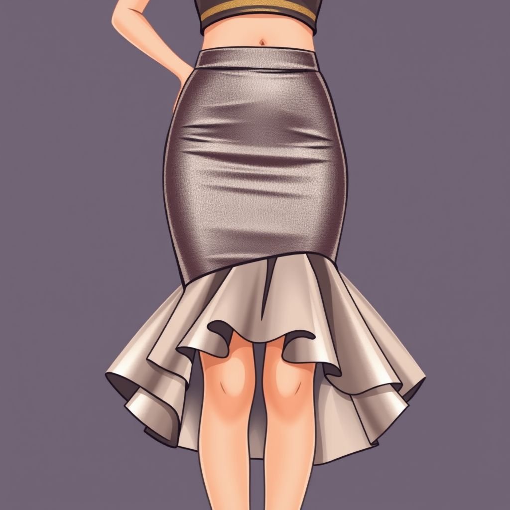 Make adjustments from the waist down to the knees it should be tight fitting the round flare out is at the knees
Design a chic, high-waisted pencil skirt that hugs the figure from the waist down to the knees, crafted from a shimmering metallic fabric. At the knees, the skirt dramatically flares out into a voluminous, asymmetric ruffle, adding playful elegance. Pair it with a fitted, off-shoulder top in a contrasting hue for a bold statement.