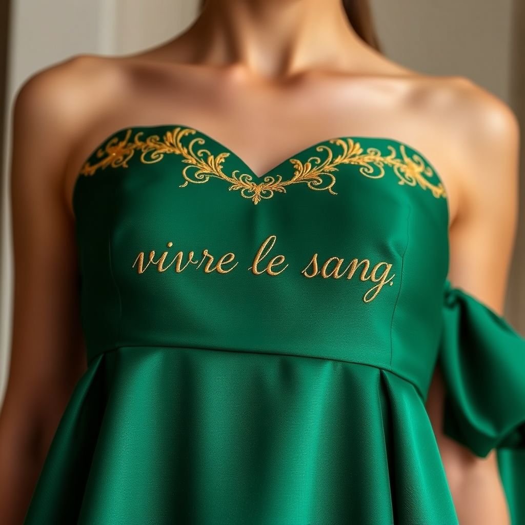 Elbise kısa rengi zümrüt yeşili göğüs üstünde çok ince işlemeli “ vivre le sant “ cümlesi altın renkte yazıyor
Envision a classic A-line dress in rich emerald green, featuring a sweetheart neckline adorned with delicate gold embroidery. The phrase "vivre le sang" elegantly scripted in shimmering gold across the bust, echoing timeless elegance. The fabric flows gracefully, with subtle pleats that enhance the silhouette, perfect for sophisticated soirées.