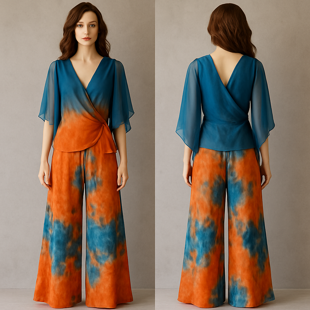 Create one of a kind orange and ocean blue  palazzo pant made from beautiful tie & dye fabric with a beautiful two tone chiffon top designed for high end fashionista that will make it look sophisticated and gorgeous on a mannequin with a face

Create one of a kind orange and ocean blue  palazzo pant made from beautiful tie & dye fabric with a beautiful two tone chiffon top designed for high end fashionista that will make it look sophisticated and gorgeous on a mannequin with a face, bohemian style, show front and back