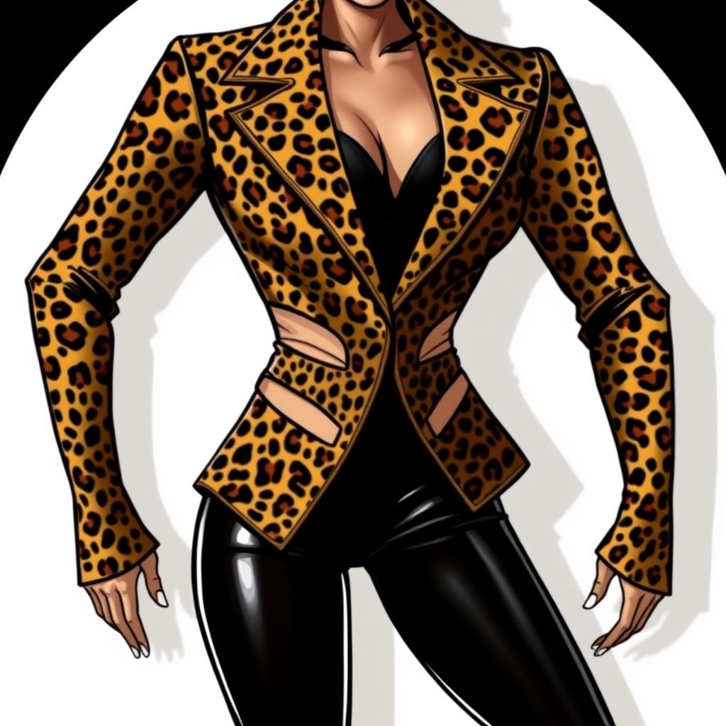 Sexy bodies with leopard jacket
A striking ensemble featuring a form-fitting leopard print jacket, rich golden and earthy hues, accentuating the silhouette. Pairing with sleek black leather leggings, a daring deep-V neckline, and asymmetrical cutouts. Bold statement earrings and stiletto heels complete the look, exuding confidence and allure. Perfect for a night out.