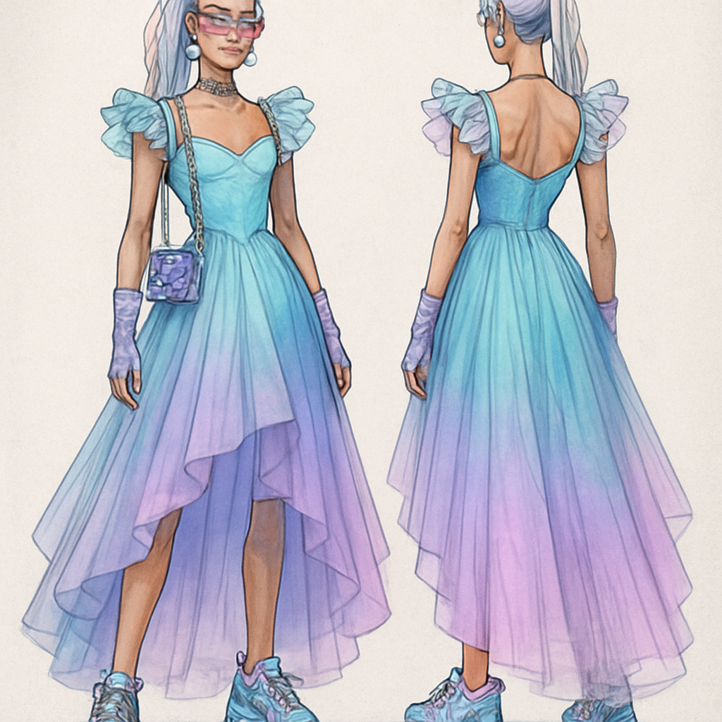 I would like a fairy tale dress with degradation color from turquoise to purple inn pastel colors with model futurist draw with exceptional style new creative add accessories and make it more urban
I would like a fairy tale dress with degradation color from turquoise to purple inn pastel colors with model futurist draw with exceptional style new creative add accessories and make it more urban , show front and back