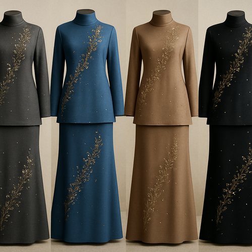 Create me modest two piece that's first in the world, using unique stone design, classy and sophisticated. Keep me 4 designs. Make them rich by adding minimal stone embroidery and stones designs.