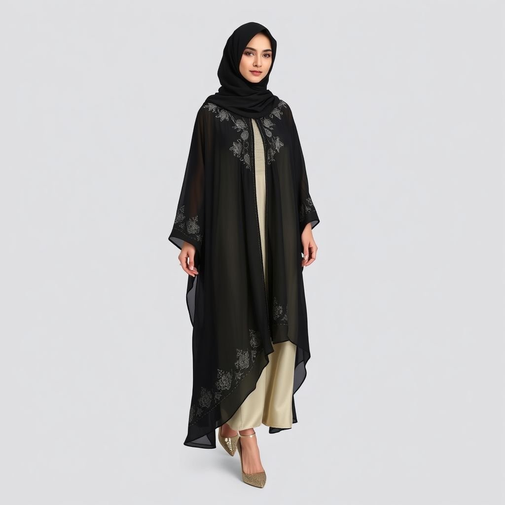 A black chiffon abaya, expertly tailored with an umbrella hem. The lightweight fabric cascades beautifully, creating a fluid silhouette. The design emphasizes a subtle flare, offering a modest yet sophisticated look. The focus is on refined draping and understated elegance.
Envision a black chiffon abaya, delicately embroidered with silver filigree patterns along the collar and sleeves. The umbrella hem accentuates movement, flowing gracefully with each step. Layered beneath, a silk slip dress adds dimension and luminosity. Paired with metallic block-heeled mules, this ensemble melds tradition with modern chic, radiating timeless elegance.