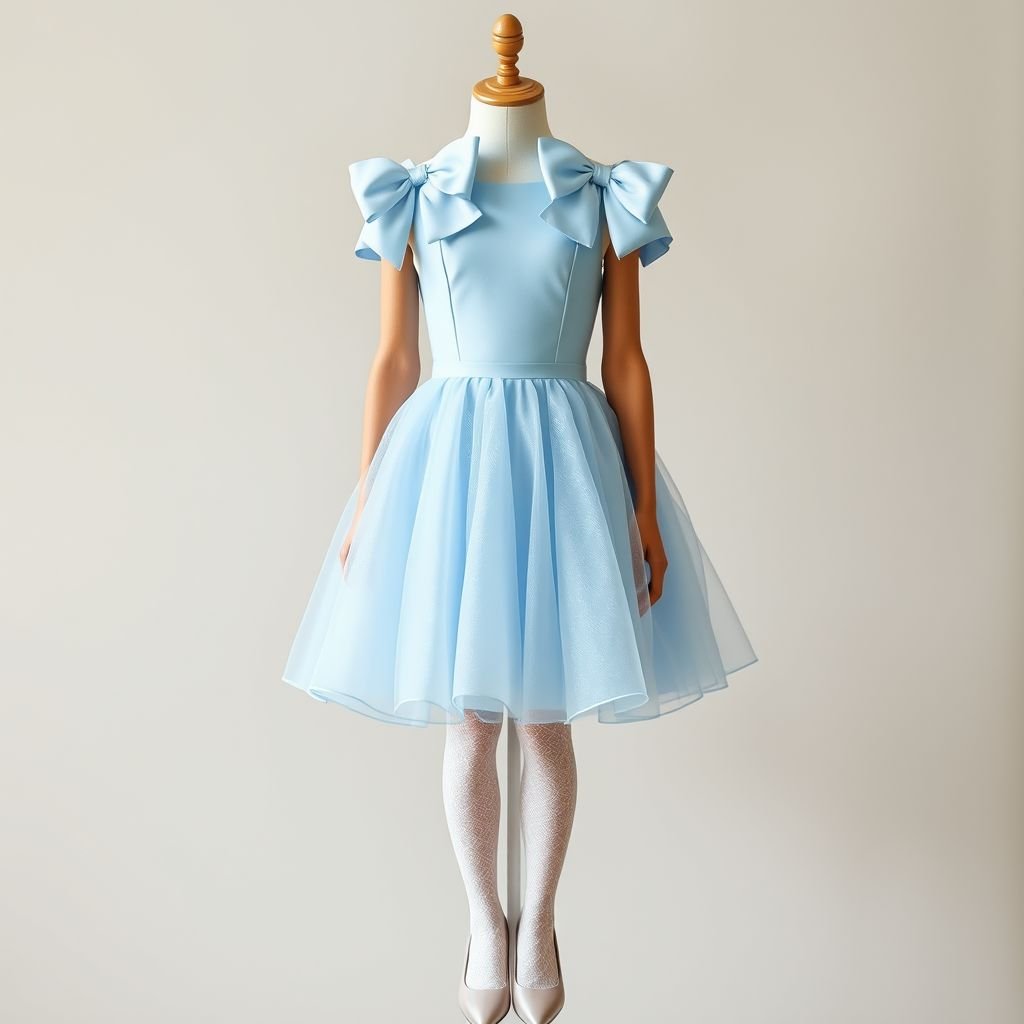 Bow, baby blue short dress
Create a whimsical baby blue short dress adorned with oversized bows at the shoulders, channeling a playful yet elegant vibe. The silhouette features a fitted bodice that flares out into a flouncy skirt, crafted from lightweight, shimmering organza. Pair it with white lace tights and pastel-colored pumps for a dreamy ensemble.