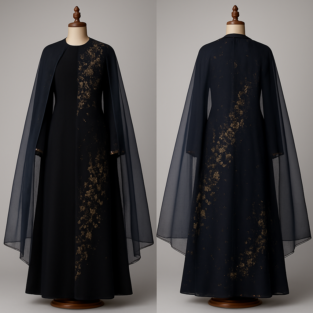 ‏cape‑Panel Abaya
‏"Full‑length modern abaya with detachable sheer organza cape from shoulders to ankle, black crepe base, diagonal shoulder‑to‑hem embroidery combining tiny stars, Taif roses and micro Kashmiri motifs, cape edge trimmed with small pearls, delicate gold thread highlights, contrast navy organza cape, embroidery extends visibly to the ankle, shown on an elegant carved wooden mannequin, photorealistic, couture product photography style, crisp details, studio lighting, full‑length view."



‏cape‑Panel Abaya
‏"Full‑length modern abaya with detachable sheer organza cape from shoulders to ankle, black crepe base, diagonal shoulder‑to‑hem embroidery combining tiny stars, Taif roses and micro Kashmiri motifs, cape edge trimmed with small pearls, delicate gold thread highlights, contrast navy organza cape, embroidery extends visibly to the ankle, shown on an elegant carved wooden mannequin, photorealistic, couture product photography style, crisp details, studio lighting, full‑length view."

, show front and back