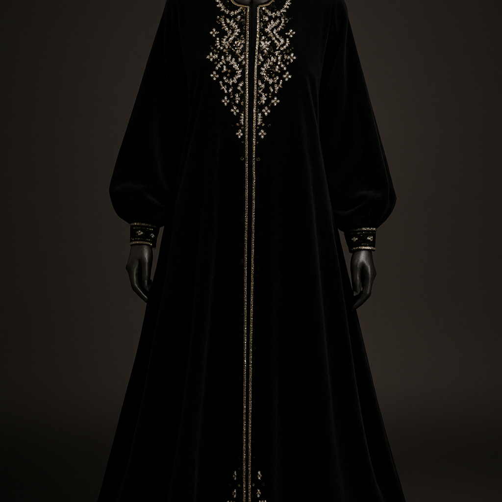 
For the tailor/designer:
Luxury ankle-length black velvet abaya made from premium heavyweight black velvet (approx. 320–400 g/m²). Flowing A-line silhouette to the ankle, dropped soft shoulders, wide long sleeves with gathered cuffs, no collar, hidden front closure (invisible zipper or concealed snaps). Lined with lightweight black silk chiffon for comfort. Embellishment: Swarovski crystals (mix of clear and jet/black, with optional small gold-tone accent stones) arranged in a tasteful symmetric pattern—concentrated arabesque motif at the chest, linear accents along the front opening, sleeve edges, and front hem. Use small chatons (ss10–ss16) with a few larger stones (ss30) as focal points; outline crystal groups with fine gold hand embroidery; spacing ~1.5–2 cm between stones. Construction: reinforced stone backing, hand-stitched beadwork, invisible hemming, couture finishing. Care: dry-clean only; allow extra 7–10 days for hand-beading.

For image-generation (photorealistic prompt):
Photorealistic full-length black velvet abaya on a standing model/mannequin, ankle-length flowing A-line silhouette, wide gathered sleeves, no collar, hidden front closure. Deep matte-black velvet with visible plush texture; embellished with Swarovski crystals (clear and jet black, subtle gold accents) arranged symmetrically on chest, sleeve edges, front opening and hem, outlined with delicate gold embroidery; lined with black chiffon. High-fashion couture styling, soft studio lighting with gentle rim light, close-up fabric texture and macro crystal detail, cinematic, hyper-realistic, high-detail.


For the tailor/designer:
Luxury ankle-length black velvet abaya made from premium heavyweight black velvet (approx. 320–400 g/m²). Flowing A-line silhouette to the ankle, dropped soft shoulders, wide long sleeves with gathered cuffs, no collar, hidden front closure (invisible zipper or concealed snaps). Lined with lightweight black silk chiffon for comfort. Embellishment: Swarovski crystals (mix of clear and jet/black, with optional small gold-tone accent stones) arranged in a tasteful symmetric pattern—concentrated arabesque motif at the chest, linear accents along the front opening, sleeve edges, and front hem. Use small chatons (ss10–ss16) with a few larger stones (ss30) as focal points; outline crystal groups with fine gold hand embroidery; spacing ~1.5–2 cm between stones. Construction: reinforced stone backing, hand-stitched beadwork, invisible hemming, couture finishing. Care: dry-clean only; allow extra 7–10 days for hand-beading.

For image-generation (photorealistic prompt):
Photorealistic full-length black velvet abaya on a standing model/mannequin, ankle-length flowing A-line silhouette, wide gathered sleeves, no collar, hidden front closure. Deep matte-black velvet with visible plush texture; embellished with Swarovski crystals (clear and jet black, subtle gold accents) arranged symmetrically on chest, sleeve edges, front opening and hem, outlined with delicate gold embroidery; lined with black chiffon. High-fashion couture styling, soft studio lighting with gentle rim light, close-up fabric texture and macro crystal detail, cinematic, hyper-realistic, high-detail., show front and back