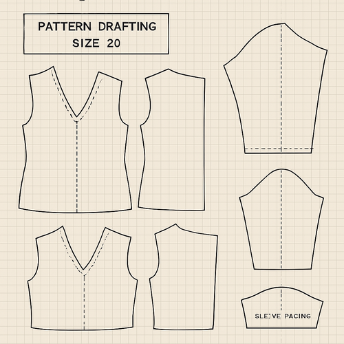A pattern drafting of a six piece love neck blouse of a size 20