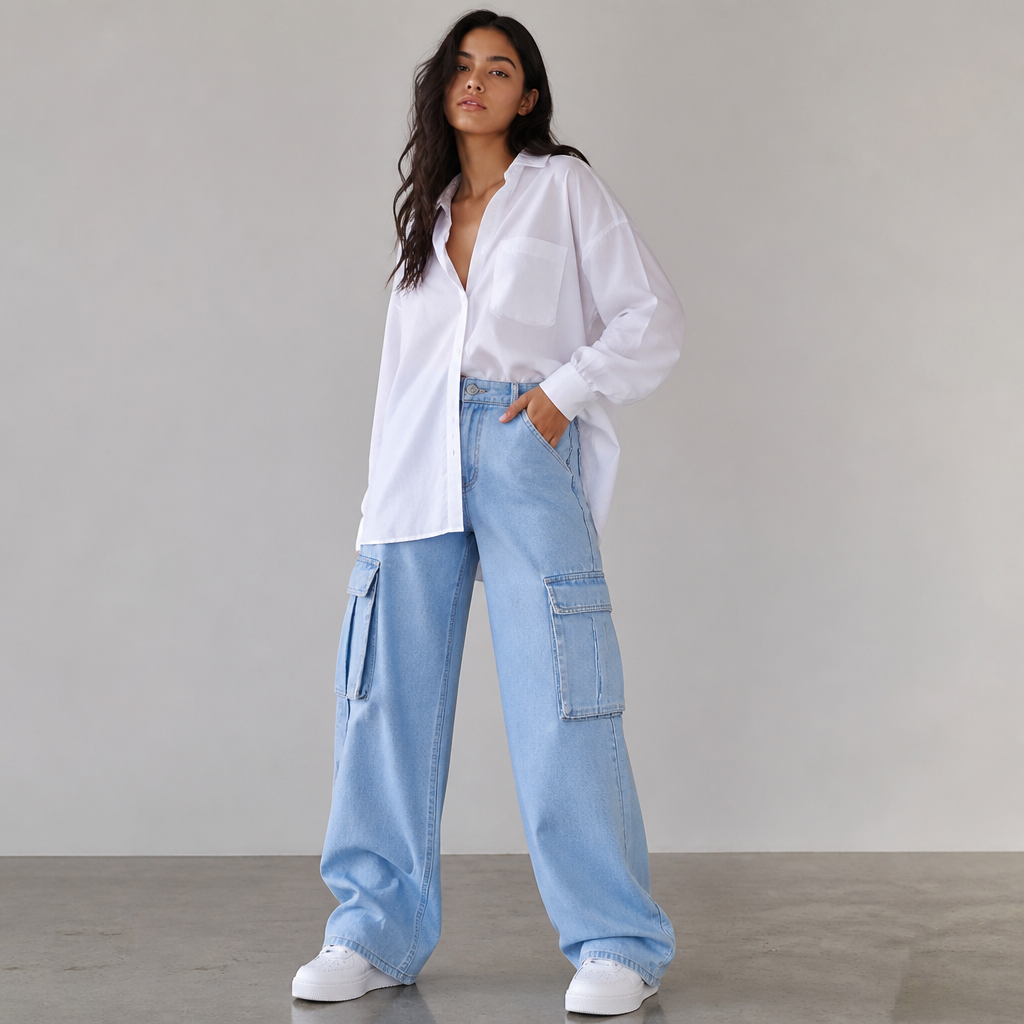A Female Pants design, suitable for Summer, in Casual style. sky blue cargo jeans,white airforce and oversized shirt. GY fashion aesthetics.
photorealistic fashion design, A Female Pants design, suitable for Summer, in Casual style. sky blue cargo jeans,white airforce and oversized shirt. GY fashion aesthetics., casual style, just the design no text