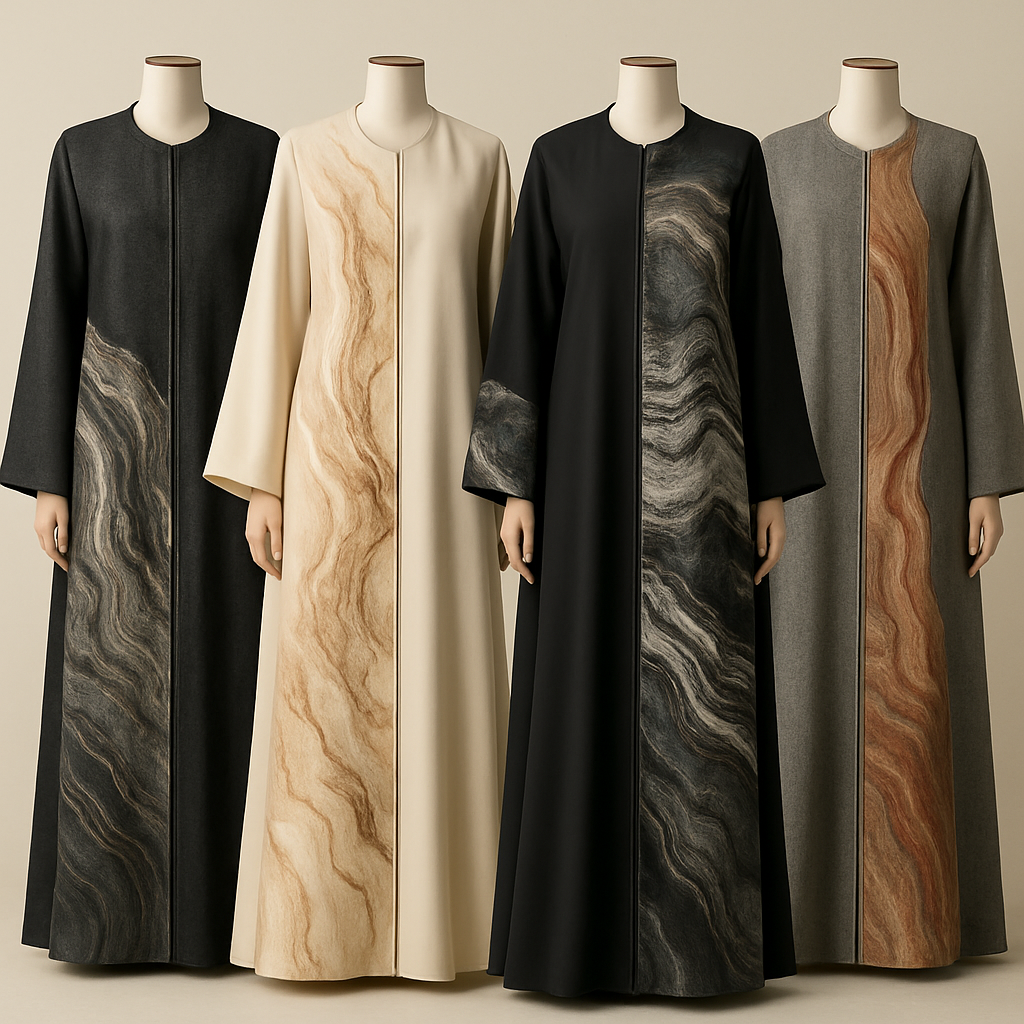 Create a modest abaya that's the first of its kind, featuring a unique stone design that exudes a classy and sophisticated vibe. I'd like four designs, each showcasing different styles and fabrics.
Incorporate high-end, unique chic stone designs to make them truly special.
Create a modest abaya that's the first of its kind, featuring a unique stone design that exudes a classy and sophisticated vibe. I'd like four designs, each showcasing different styles and fabrics.
Incorporate high-end, unique chic stone designs to make them truly special.
