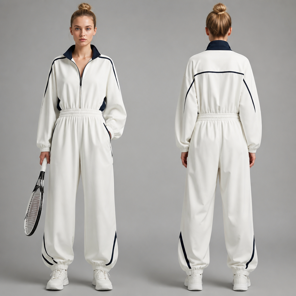 Une joueuse de tennis avec une jumpsuit oversize.
photorealistic fashion design, Une joueuse de tennis avec une jumpsuit oversize. , tenniscore style, just the design no text, show front and back
