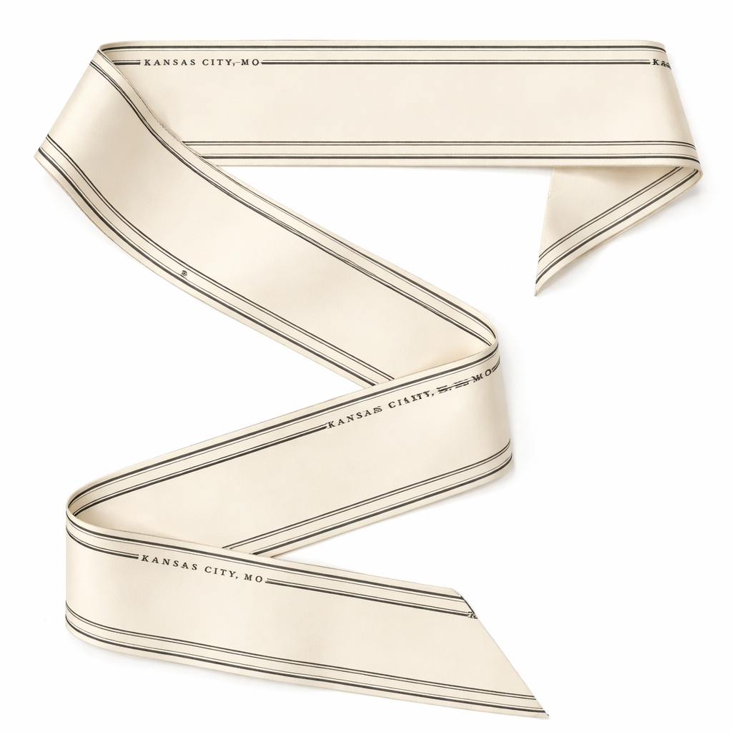 Create a luxury silk twill handle wrap (twilly) designed to wrap around the handle of a classic handbag. The design must look elegant when folded, twisted, and partially visible.
Format: long, narrow silk twill approximately 2 inches by 34 inches (5 cm x 86 cm). Design runs lengthwise.
Base color: warm ivory or soft cream.
Edges: refined repeating double-line borders along both long edges. Thin black lines with a subtle antique gold accent line between them. Border should feel architectural and timeless.
Text: small, discreet serif or refined small-caps typography repeating along one long edge only, reading Kansas City, MO Text should be subtle and legible only up close.
Center: clean and minimal with generous negative space. No imagery, no gradients, no logos.
Overall aesthetic: iconic, always classic, understated luxury. Designed to enhance a handbag, not compete with it. No sports imagery, no event references. Timeless and collectible.
Make Kansas City, MO repeating
Create a luxury silk twill handle wrap (twilly) designed to wrap around the handle of a classic handbag. The design must look elegant when folded, twisted, and partially visible.
Format: long, narrow silk twill approximately 2 inches by 34 inches (5 cm x 86 cm). Design runs lengthwise.
Base color: warm ivory or soft cream.
Edges: refined repeating double-line borders along both long edges. Thin black lines with a subtle antique gold accent line between them. Border should feel architectural and timeless.
Text: small, discreet serif or refined small-caps typography repeating along one long edge only, reading Kansas City, MO Text should be subtle and legible only up close.
Center: clean and minimal with generous negative space. No imagery, no gradients, no logos.
Overall aesthetic: iconic, always classic, understated luxury. Designed to enhance a handbag, not compete with it. No sports imagery, no event references. Timeless and collectible.
Make Kansas City, MO repeating , classic style, show front and back