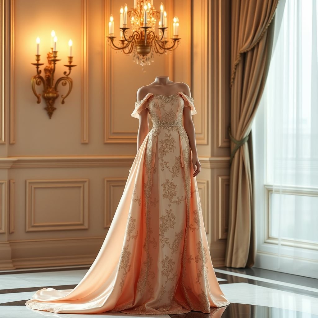 Chic like canel light colors old money
Design a glamorous evening gown in soft, candlelight hues, reminiscent of old money elegance. Emphasize luxurious fabrics such as silk and satin, adorned with intricate lace detailing and subtle beading. Incorporate a sweeping, floor-length silhouette with a dramatic off-the-shoulder neckline, embodying sophistication and timeless charm for an upscale soirée.