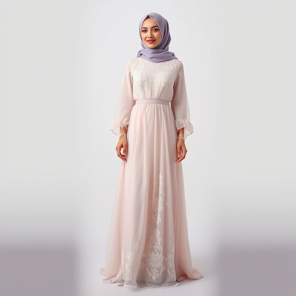 “Elegant and modest outfit for a proposal event. A flowy, full-length dress in soft romantic tones, paired with a delicate hijab and subtle accessories for a graceful, heartfelt look.”
Envision an elegant, full-length chiffon dress featuring delicate, draped sleeves and a cinched waist, adorned with intricate lace detailing. The soft pastel hues of blush pink and lavender create a romantic atmosphere. Pair with a flowing hijab, embellished with tiny pearls, and minimalist accessories—a timeless blend of grace and modesty.