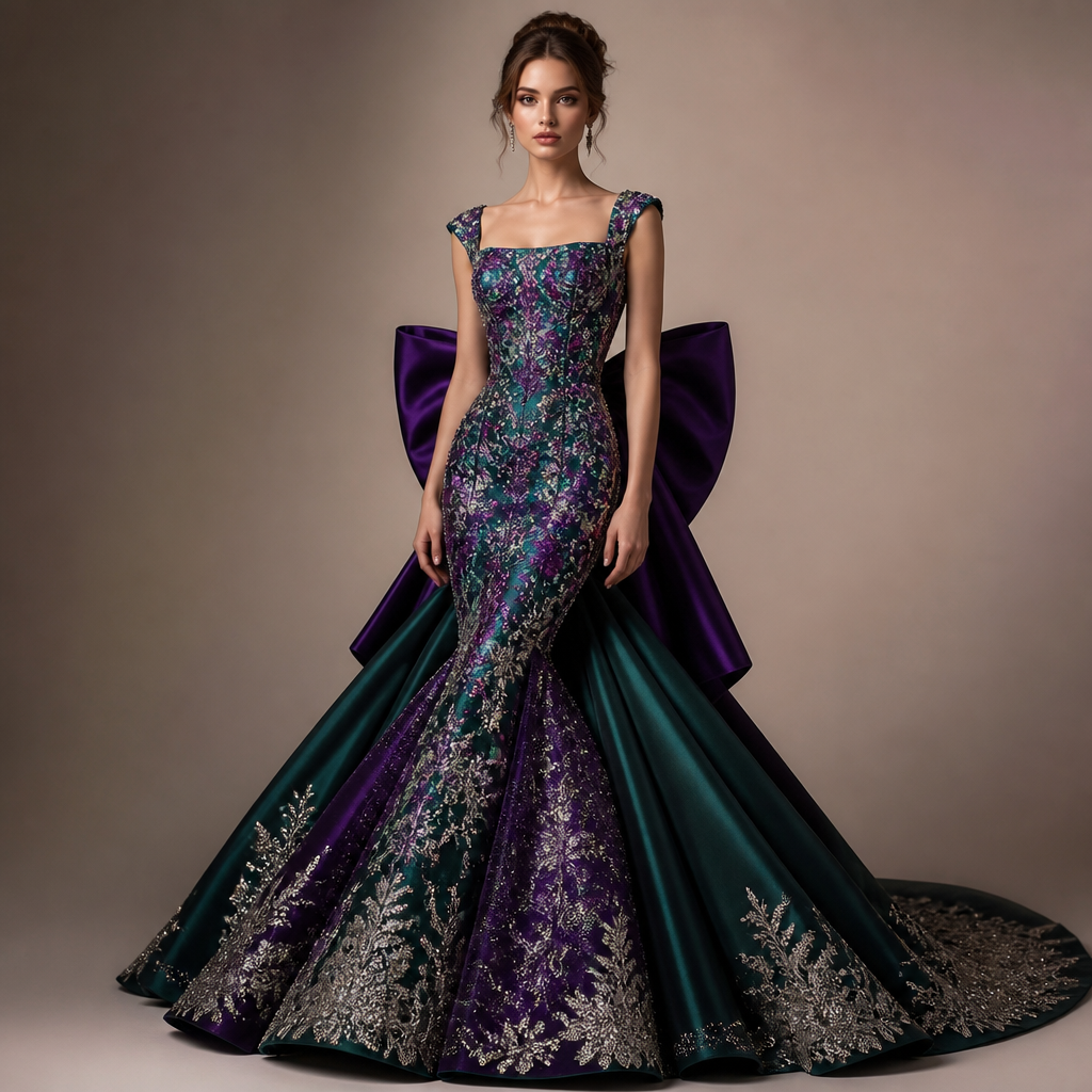 A Female Dress design, with a Flared silhouette, in a Jewel Tones color palette, shown on a model with fair skin and a slim figure. vestido de gala tipo miss elegante, con falda pegada hasta antes de la rodilla como en la foto con la paleta de colores que te envié, detalles en plateado, y un moño enorme atrás, No quiero transparencias quiero más brillo, detalles de flores y encaje un escote cuadrado y más pomposidad en la falda Present it as professional fashion catalogue photography: the garment is the subject, shown full-length with editorial styling, neutral posing and tasteful, non-suggestive framing.
photorealistic fashion design, A Female Dress design, with a Flared silhouette, in a Jewel Tones color palette, shown on a model with fair skin and a slim figure. vestido de gala tipo miss elegante, con falda pegada hasta antes de la rodilla como en la foto con la paleta de colores que te envié, detalles en plateado, y un moño enorme atrás, No quiero transparencias quiero más brillo, detalles de flores y encaje un escote cuadrado y más pomposidad en la falda Present it as professional fashion catalogue photography: the garment is the subject, shown full-length with editorial styling, neutral posing and tasteful, non-suggestive framing., just the design no text
