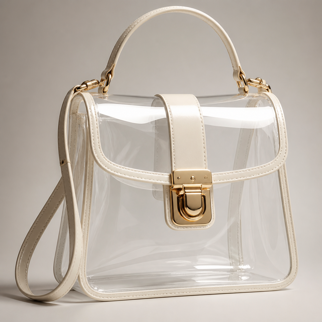 Create a clear pvc bag that is inspired by Claudia Schaffer
photorealistic fashion design, Create a clear pvc bag that is inspired by Claudia Schaffer, classic style, just the design no text