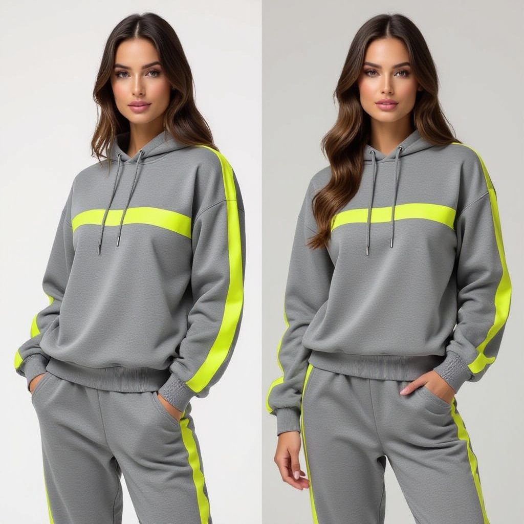 Grey women’s fitted sweat suit with gray reflective stripe going down the arm with a yellow reflective border
Grey women's fitted cotton sweat suit with gray reflective stripe down the arm, bordered in yellow.