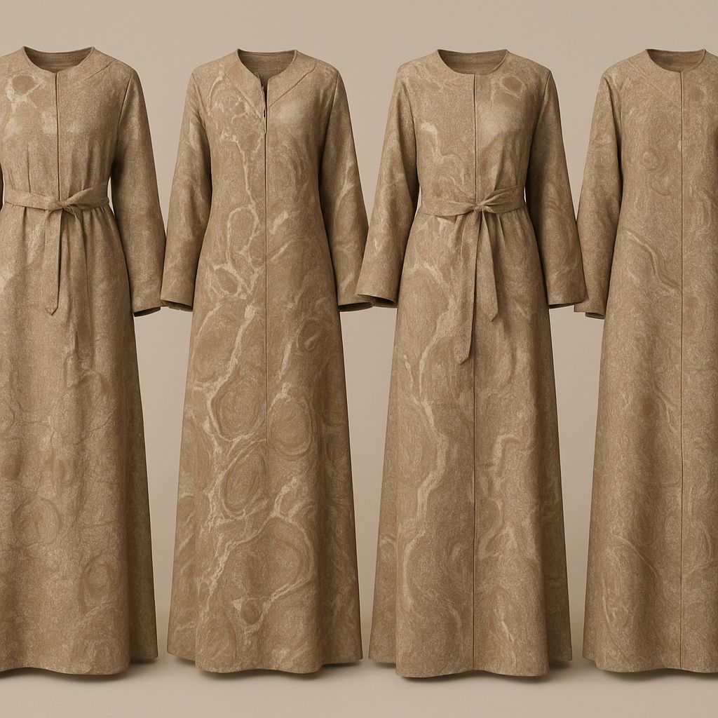 Create a modest two-piece linen abaya, the first of its kind, featuring a unique stone design that exudes a classy and sophisticated vibe. I'd like four designs, each showcasing different styles and fabrics. Incorporate high-end, unique chic stone designs to make them truly special. Add little sophisticated stone designs.

Create a modest two-piece linen abaya, the first of its kind, featuring a unique stone design that exudes a classy and sophisticated vibe. I'd like four designs, each showcasing different styles and fabrics. Incorporate high-end, unique chic stone designs to make them truly special. Add little sophisticated stone designs.