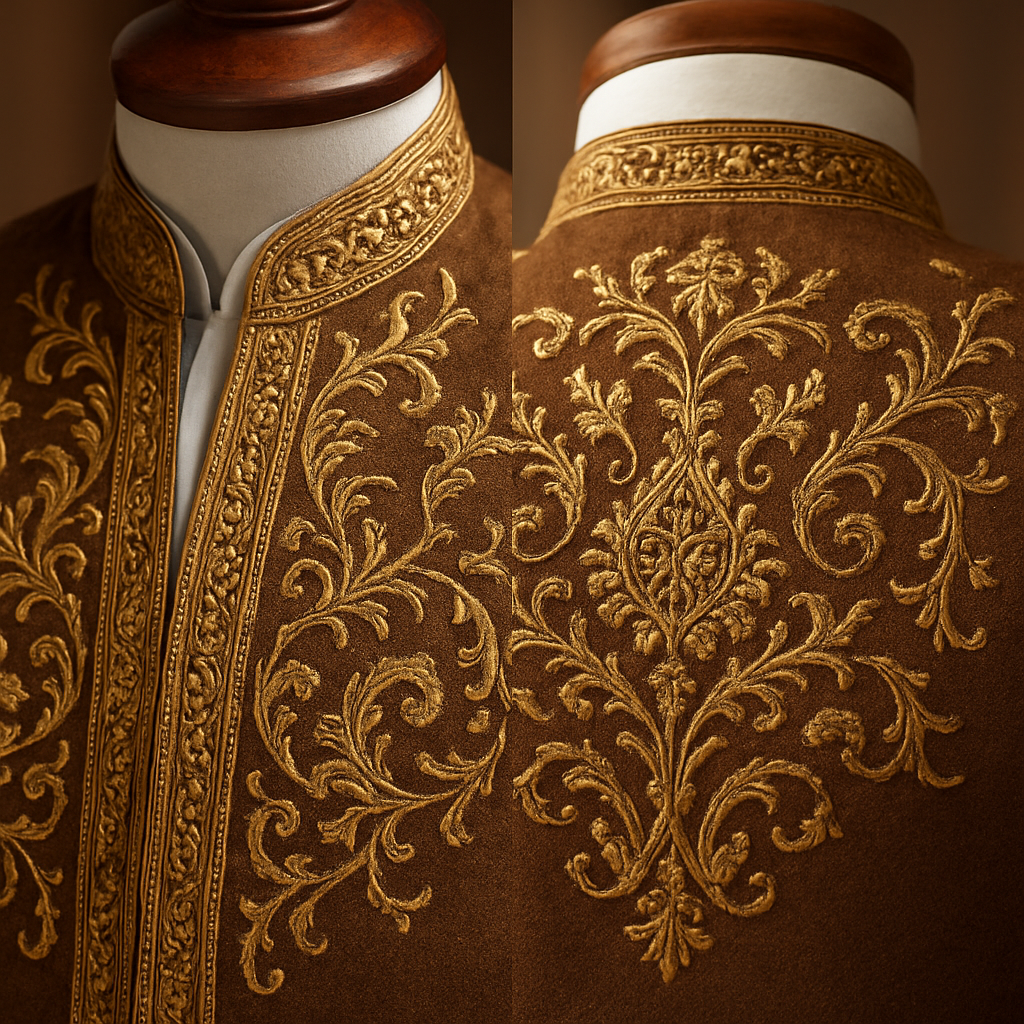 4) Texture Close-up — macro detail shot
"Close-up macro of gold Najdi-Pakistani embroidery on a brown sleeveless hip-length cashmere sedri worn above a white Saudi thawb, partial view of luxurious wooden mannequin, shallow depth of field, soft macro lighting to capture thread sheen and fabric weave, ultra-detailed --ar 1:1 --v 5 --q 2 --uplight
4) Texture Close-up — macro detail shot
"Close-up macro of gold Najdi-Pakistani embroidery on a brown sleeveless hip-length cashmere sedri worn above a white Saudi thawb, partial view of luxurious wooden mannequin, shallow depth of field, soft macro lighting to capture thread sheen and fabric weave, ultra-detailed --ar 1:1 --v 5 --q 2 --uplight, show front and back