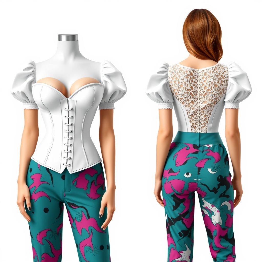 Create a white corset top with sweetheart collar and it should be very sexy with teal trousers not much details on the trousers yet patterned fabric. The top should have cute little sleeves and the corset lace should be at the back not the front. Show me the front and back. This is perfect. Now show me the front of the top
Design a striking white corset top featuring a sultry sweetheart collar and playful puffed sleeves. The bodice elegantly cinches, while the back showcases intricate lace detailing, ensuring a daring allure. Paired with high-waisted teal trousers in a vibrant, abstract pattern, this ensemble exudes modern femininity and bold sophistication. Display both front and back views.