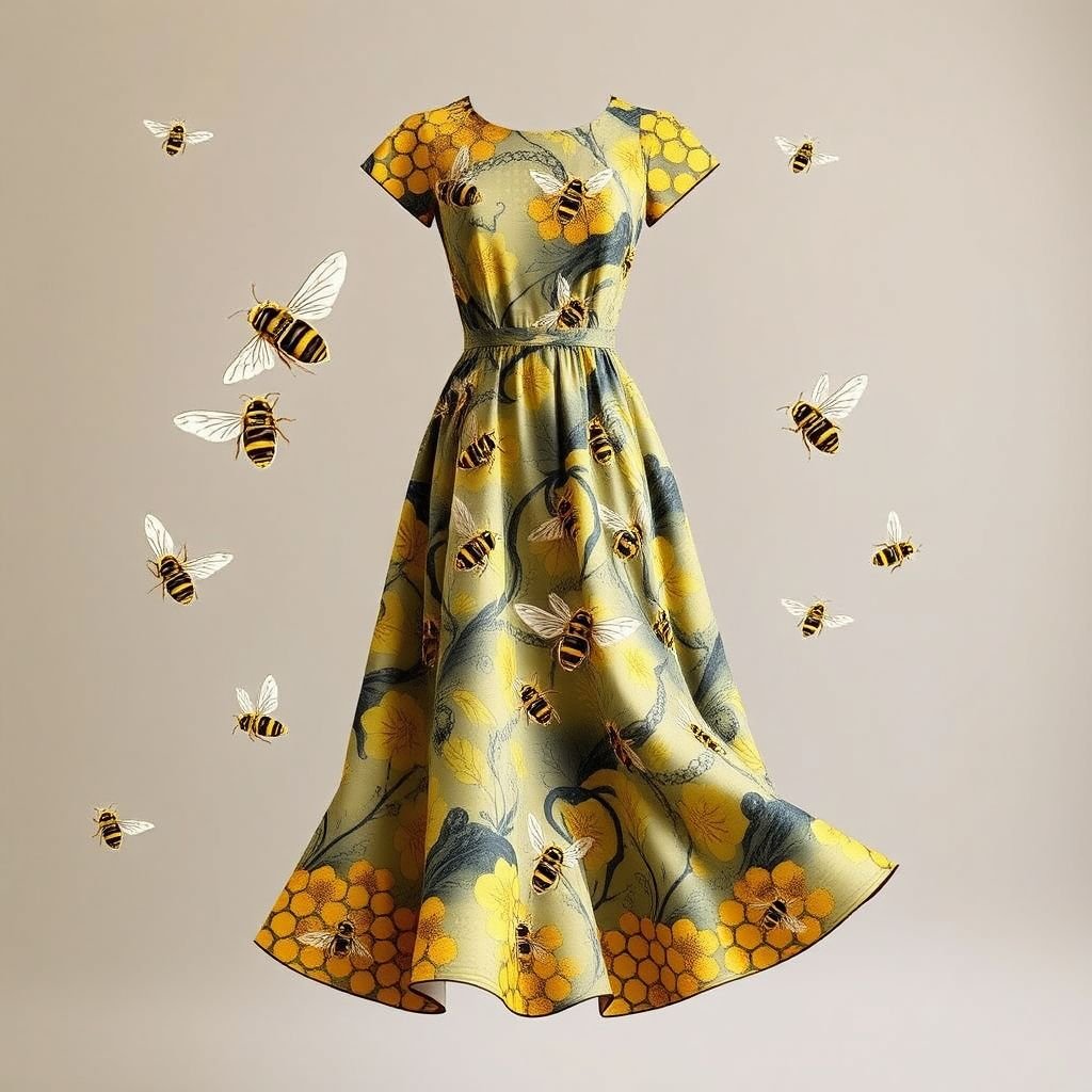 A honey bee & honey comb themed spring day dress.
Design a whimsical spring day dress featuring an intricate animal print inspired by honey bees and honeycombs. Envision swirling patterns of golden yellows and deep blacks, mimicking buzzing bees in flight, with delicate honeycomb motifs woven into the fabric. A flared skirt dances with movement, reflecting nature's harmony and vibrancy.