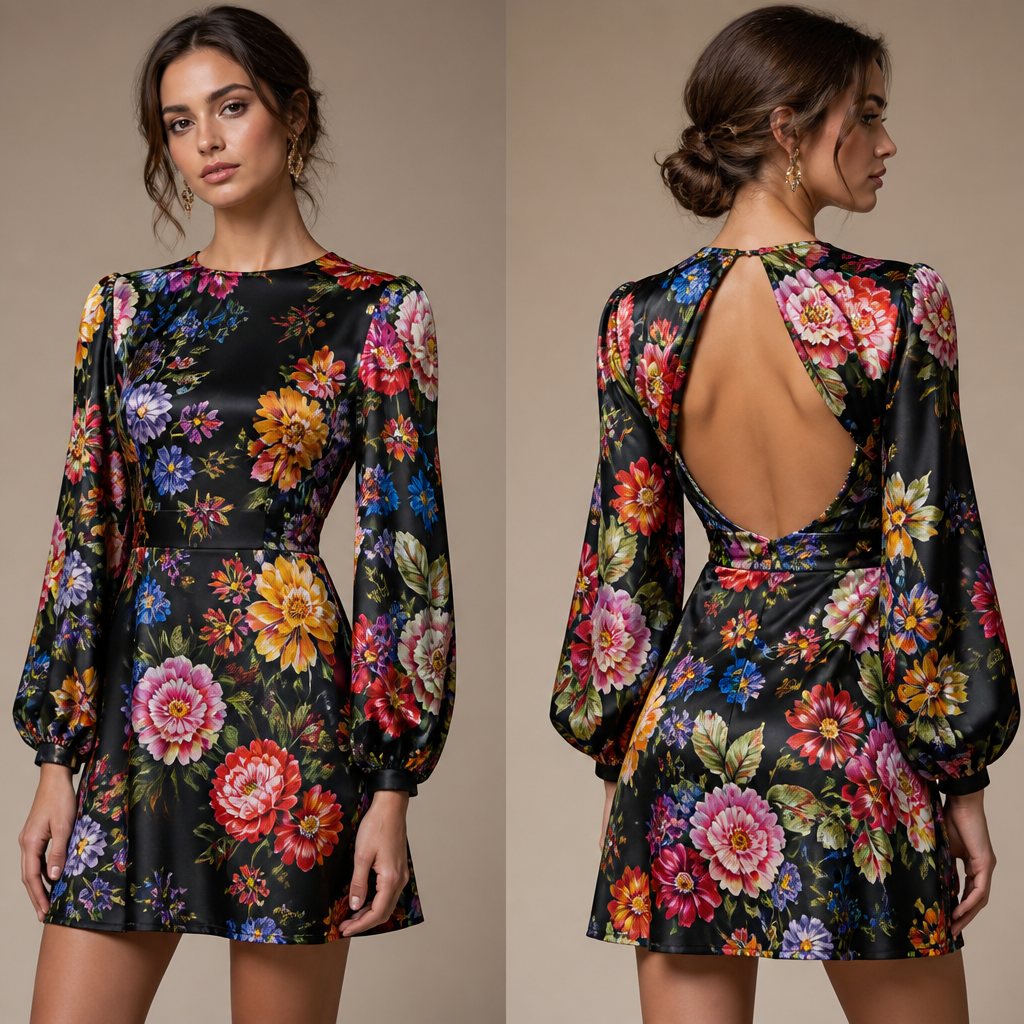 photorealistic fashion design, A Female Dress design, made of Satin, for Party, suitable for Spring, in Elegant + Colorful + Handmade style. a black short dress with flowery designs in it, a long sleeve(a little baggy) with a thin elastic end with a unique design at the back, elegant style, just the design no text, show front and back. Refinement: more colourful flowers all over the dress
photorealistic fashion design, photorealistic fashion design, A Female Dress design, made of Satin, for Party, suitable for Spring, in Elegant + Colorful + Handmade style. a black short dress with flowery designs in it, a long sleeve(a little baggy) with a thin elastic end with a unique design at the back, elegant style, just the design no text, show front and back. Refinement: more colourful flowers all over the dress, just the design no text