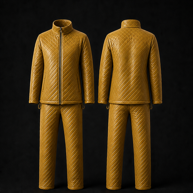 Make this in mustard leather the whole jogging suit
edit the attached fashion design with these instructions: Make this in mustard leather the whole jogging suit. keep it photorealistic, just the design no text