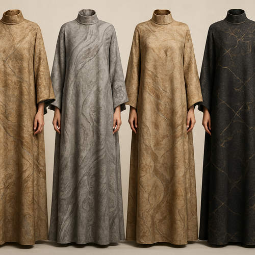 Create a modest boubou, the first of its kind, featuring a unique stone design that exudes a classy and sophisticated vibe. I'd like four designs, each showcasing different styles and fabrics. Incorporate high-end, unique chic stone designs to make them truly special. Add little sophisticated stone designs.