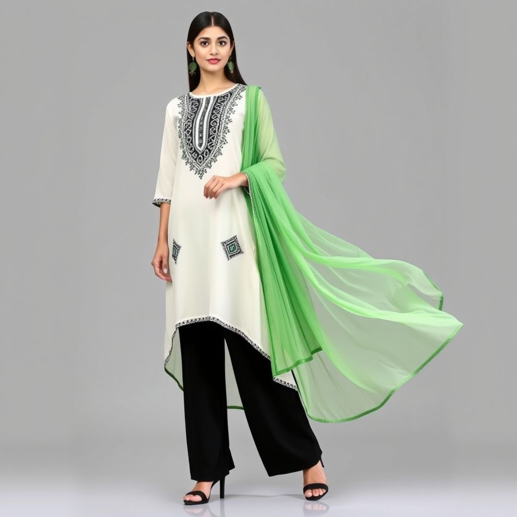 Salwar suit with green , black and offwhite
Design a contemporary salwar suit featuring a flowing, off-white tunic adorned with intricate black and green geometric embroidery. The high-low hemline adds drama, while the black palazzo pants provide a sleek silhouette. Complemented with a lightweight green dupatta, this ensemble merges traditional elegance with modern flair for a striking look.
