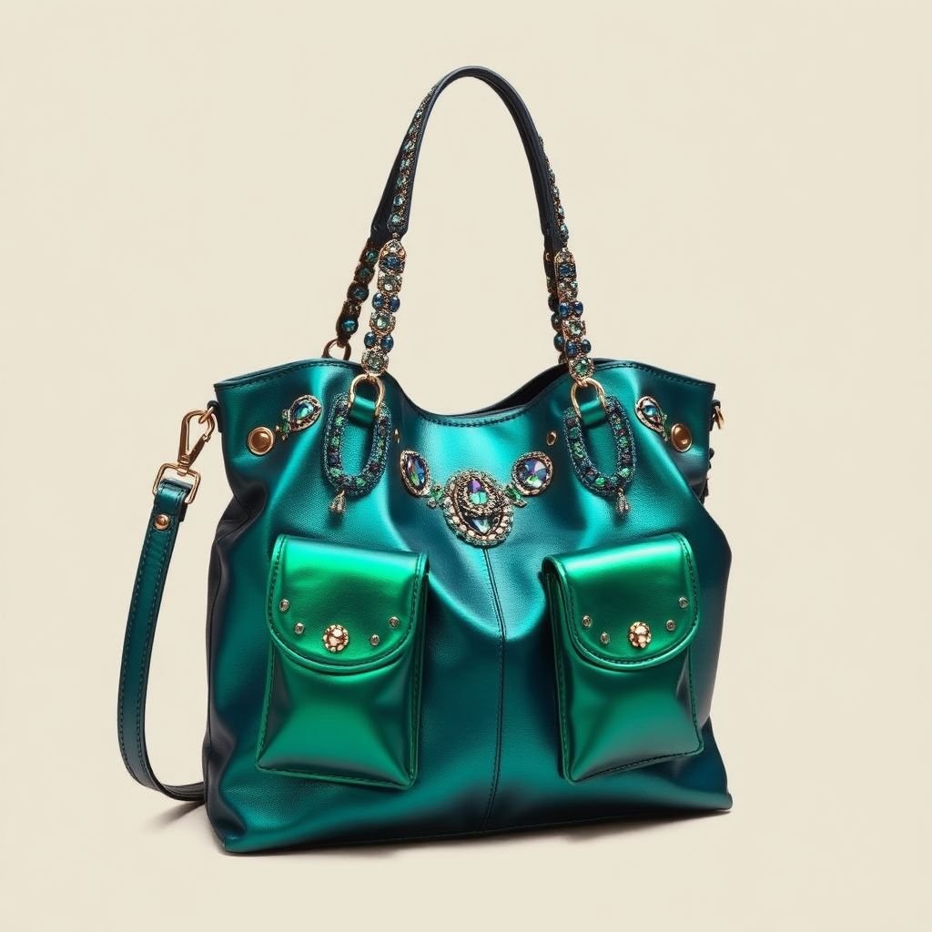 Sac à main
Envision a luxurious, oversized sac à main crafted from eco-friendly vegan leather, adorned with intricate beadwork and shimmering iridescent sequins. The design features bold, asymmetrical pockets, a detachable jeweled shoulder strap, and a metallic color palette that shifts between deep ocean blues and vibrant emerald greens. Perfect for the modern, conscious fashionista.