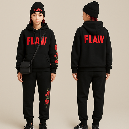Black jogging suit hoodie with bold words Flaw in abbreviation on it in red braids gold hoop earrings and gold bracelet flowers one sleeve and pants Black cross body purse and black nike shoes a black beanie saying Flaw in red